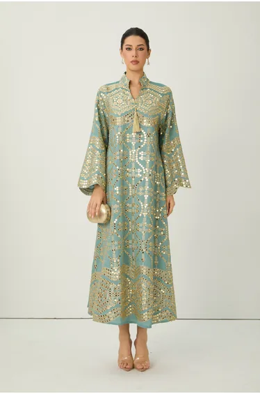 Easily Gorgeous Green Sequin Embroidered Long Sleeve Maxi Kaftan