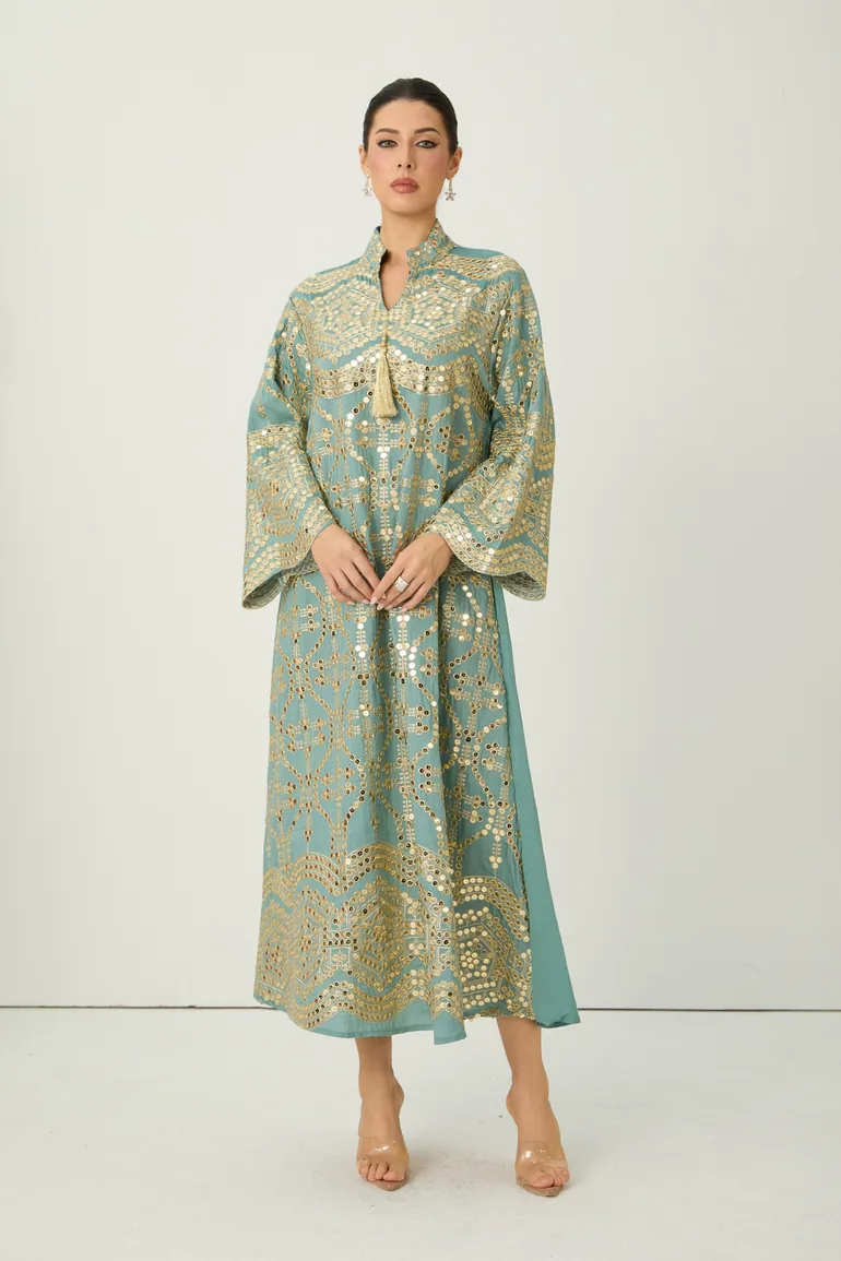 Easily Gorgeous Green Sequin Embroidered Long Sleeve Maxi Kaftan - 3