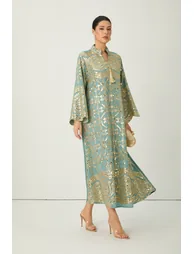 Easily Gorgeous Green Sequin Embroidered Long Sleeve Maxi Kaftan - 4