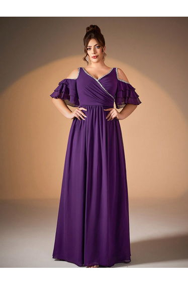 Leely Plus Women's Elegant V Neck Cold Shoulder Party Dress