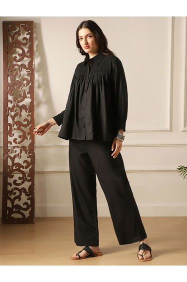 Black Solid Shirt and Trousers Co-Ords