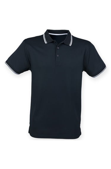 Henbury Mens Coolplus Moisture Wicking Short Sleeve Polo Shirt - Navy White