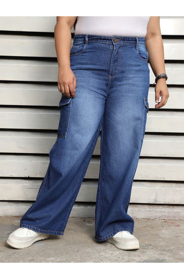 Plus Size Wide Leg Faded Cargo Jeans