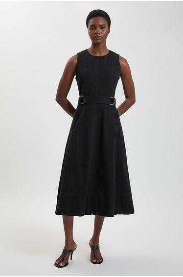 Denim Dropped Waist Full Skirted Midi Dress