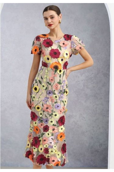 3D Floral Applique Mesh Tulle Mermaid Dress in Apricot
