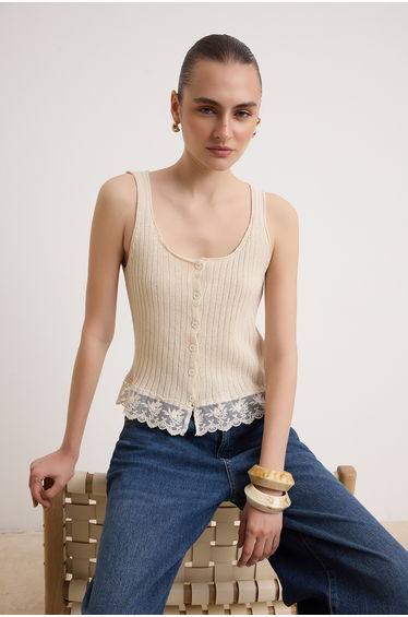 Ecru Lace Summer Yarn Knitwear Blouse