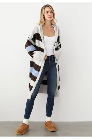 Color Block Buttoned Longline Hooded Cardigan