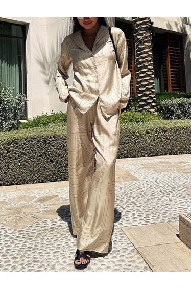 Geometric Letter Print Shirt Wide Leg Suit-Shirt