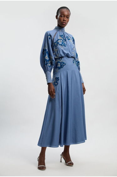 Balloon Sleeve Embroidered And Beaded Woven Maxi Dress
