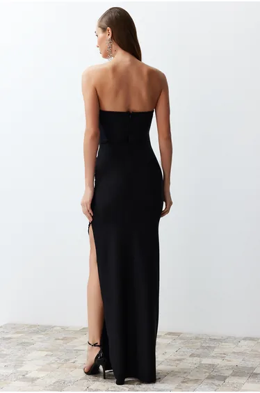 Black Fitted Bodice Detailed Wedding/Wedding Long Evening Evening Dress