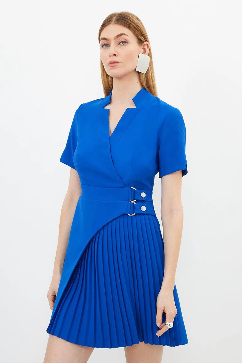 tailored military pleat notch neck wrap mini dress Karen Millen Tailored Military Pleat Notch Neck Wrap Mini Dress in Ivory