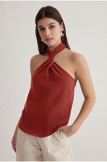 Tile Modal Halter Neckline Knotting Woven Blouse
