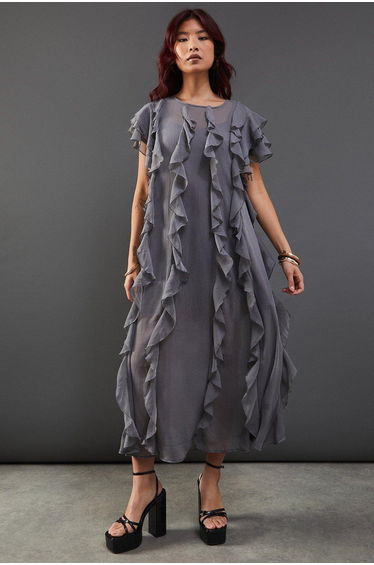 Chiffon Ruffle Tendril Sleeveless Midaxi Dress