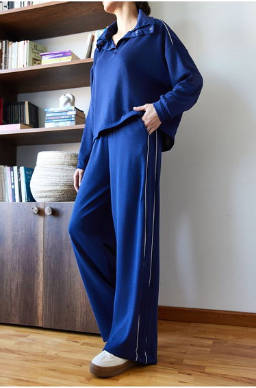 Women's Modal Fabric Collar Snap Fastener Top and Bottom Set
