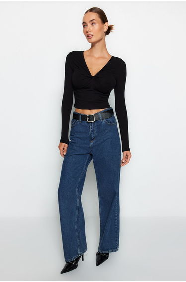 Black Cotton Chest Gathered Fitted Regular Length Crop Top