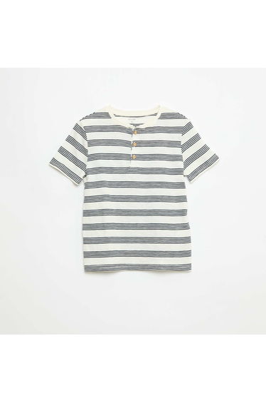 Striped T-shirt with Tunisian Collar BEIGE