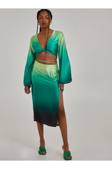 Tie Waist Ombre Split Hem Midi Skirt