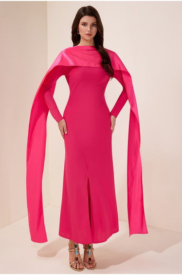 Faux Pearl Slit Long Sleeve Maxi Dress