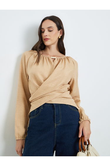 Beige Long Sleeve Wrap Blouse