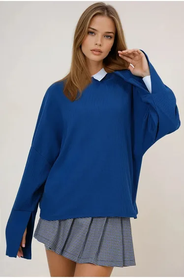 Women Cobalt Blue Mock Neck Batwing Sleeve Cuff Slit Wide Cut Blouse