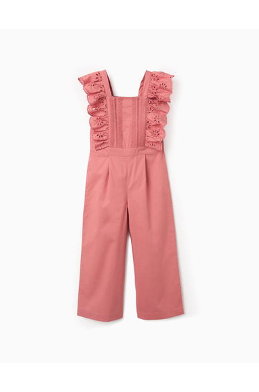 Poplin jumpsuit with ruffles and broderie anglaise for girls pink