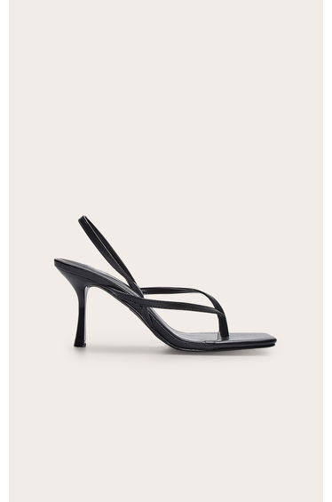 Black Pu Square Toe Thong Sling Back Mid Heeled Sandals