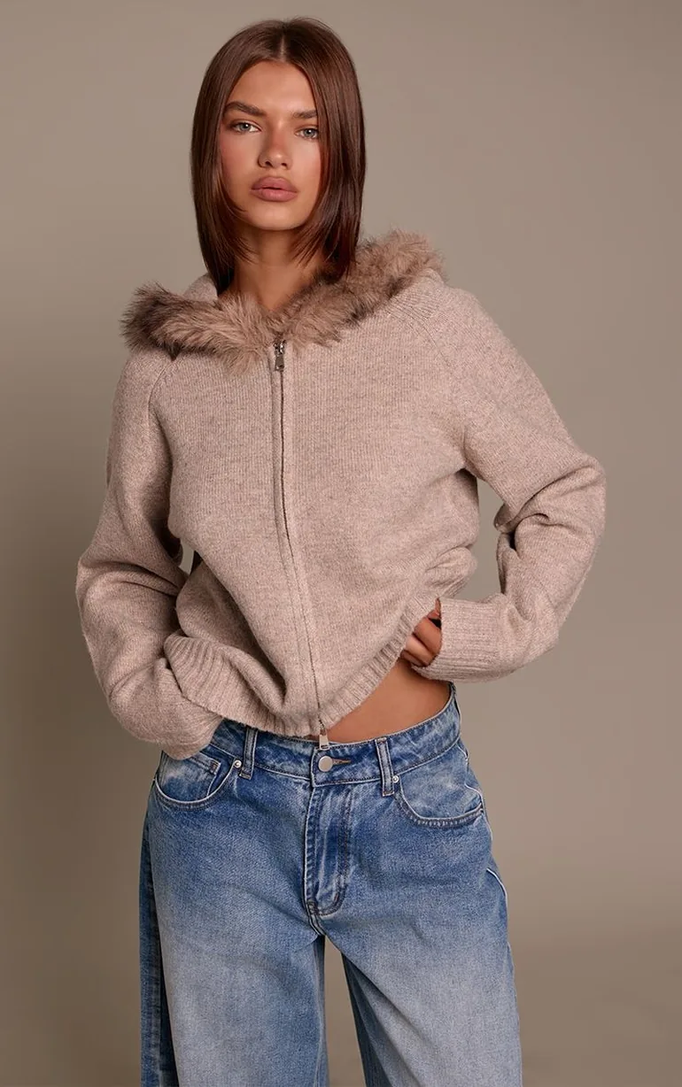 Beige Faux Fur Trim Knitted Hoodie - 1
