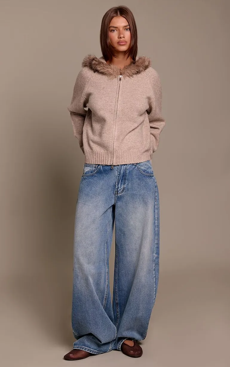 Beige Faux Fur Trim Knitted Hoodie
