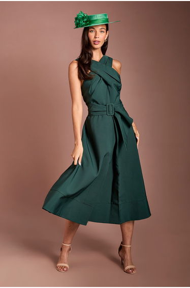 Lisa Tan Cross Neck Belted Crepe Midi Dress