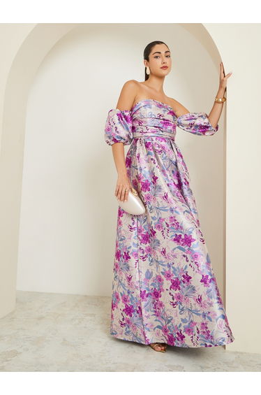 Floral Pleated Off-Shoulder Maxi Dress
