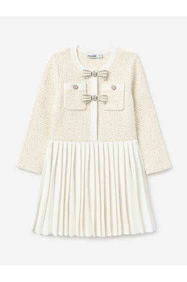 Self Portrait Girls Sequin Knit Bow Trim Dress in Ivory
