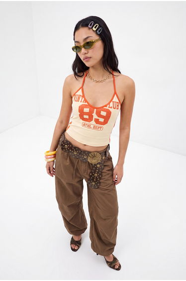 Yellow Slogan Fitted Halter Neck Sleeveless Crop Cotton Stretch Knitted Undershirt