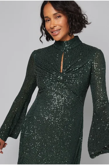 High Neck Sequin Midi Dress