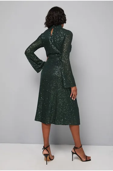 High Neck Sequin Midi Dress