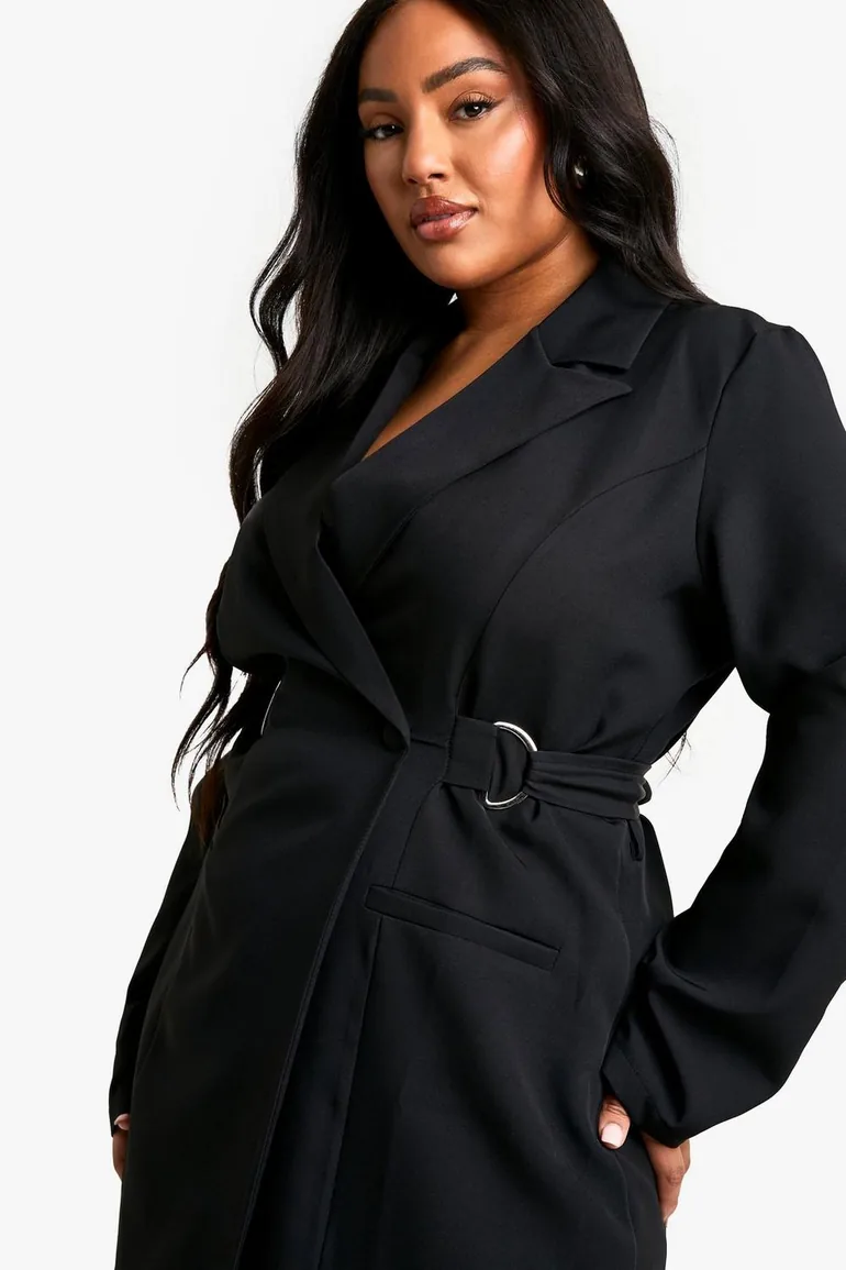 Plus D-Ring Cinched Waist Blazer Dress - black - 3