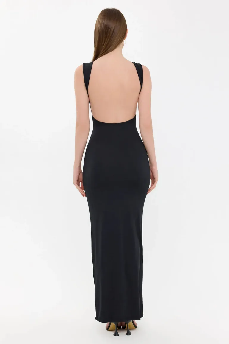 Bodycon Maxi Dress with Round Neck and Backless Detail HiCCUP Black :  Evening Dresses : VogaCloset Oman