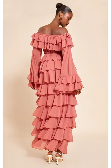 فستان ماكسي شيفون بكشكش بأكتاف مكشوفة - زهري