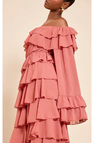 فستان ماكسي شيفون بكشكش بأكتاف مكشوفة - زهري