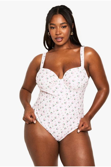 Plus Swimwear Essentials Ditsy Floral Ruched Underwire Swimsuit - pink