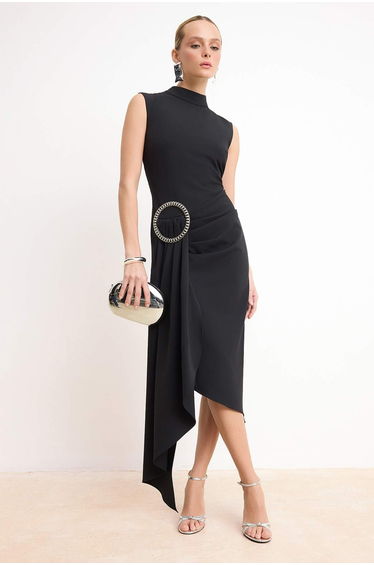 Black Accessory Detailed Woven Midi Dress