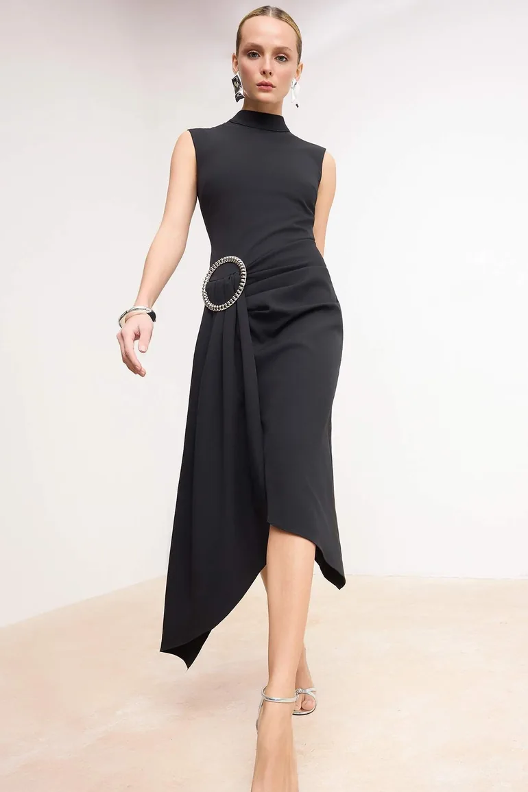 Black Accessory Detailed Woven Midi Dress - 1