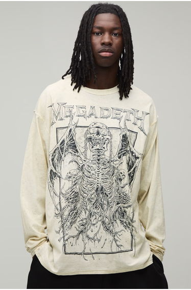 Oversized Megadeth Long Sleeve Acid Wash Reverse Seam License Print T-shirt - ecru