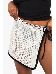 Crochet Blanket Stitch Tie Side Skirt - cream - 3
