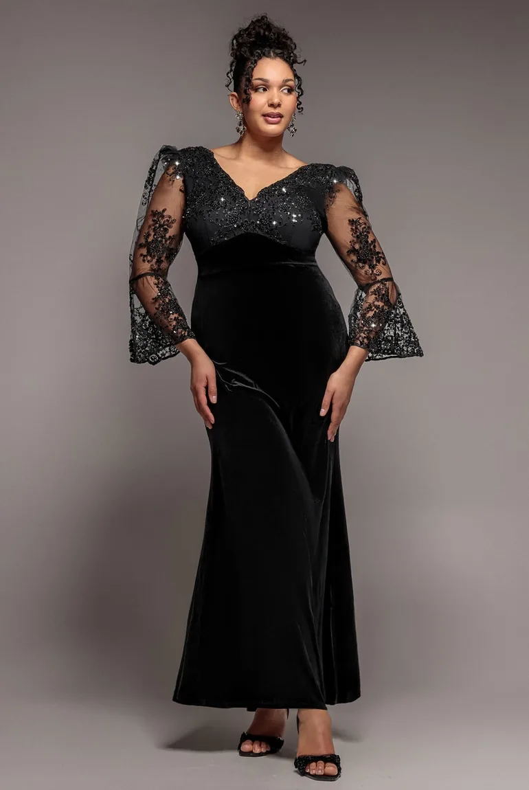 goddiva scalloped lace maxi dress Goddiva Curve Scalloped lace & velvet maxi dress in black