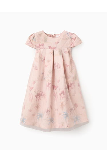Short sleeve satin dress with motif for girls, light pink
