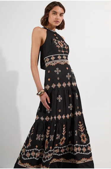 Tall Cotton Embroidered Woven Halter Maxi Dress
