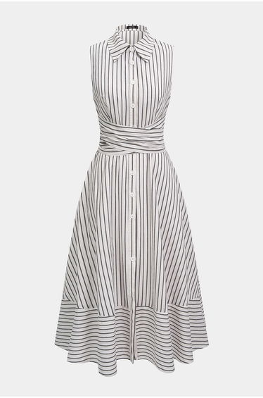 Stripes Print Lapel Crossed Ruched Button Sleeveless Midi Dress