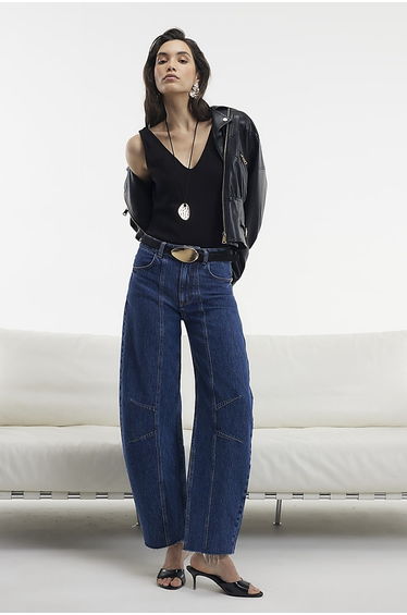 Blue Mid Rise Seamed Raw Hem Barrel Jeans