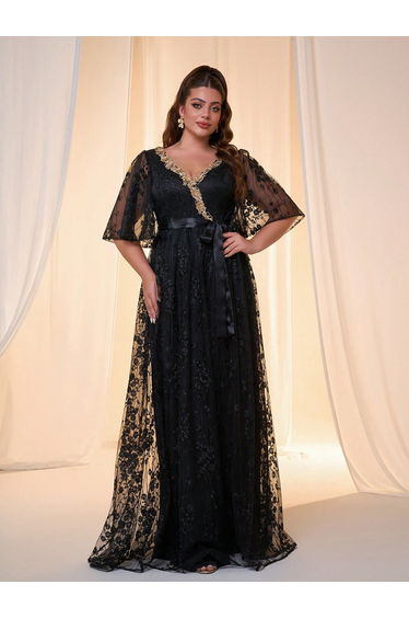 Leely Plus Women's Elegant Floral Lace Evening Gown