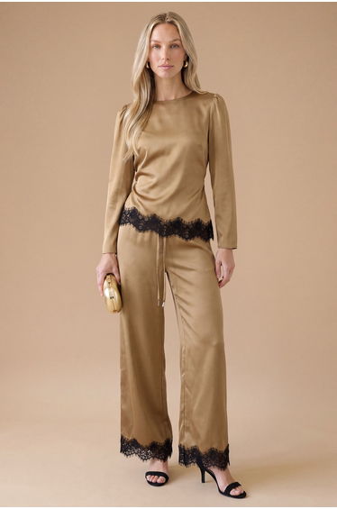 Lace Cuff Satin Back Crepe Wide Leg Trouser